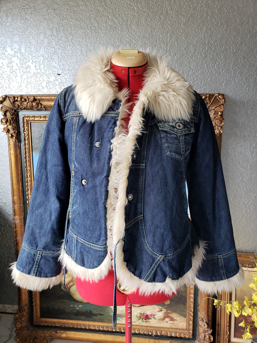 Diesel Dark Blue Denim Jacket with Cream Faux Fur Trim